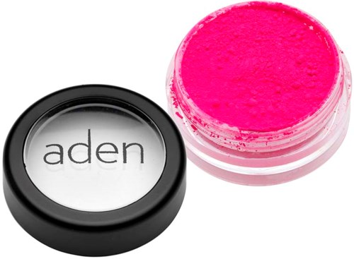 A small jar of bright pink makeup powder next to a clear lid with the brand name 'aden' on it.