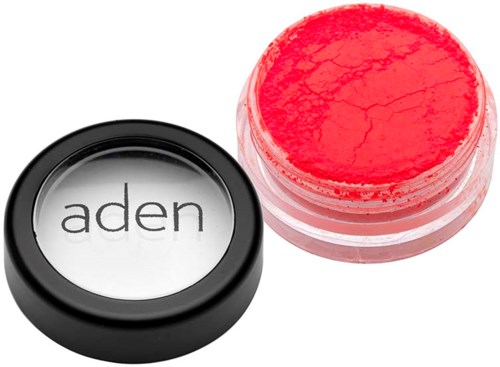 A small round container of bright red face paint with a black lid labeled "aden".