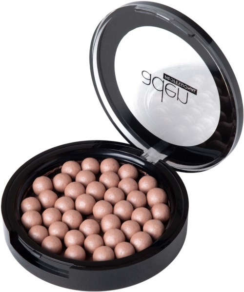 A round black makeup compact with a mirror, filled with light-colored pearl-like beads.