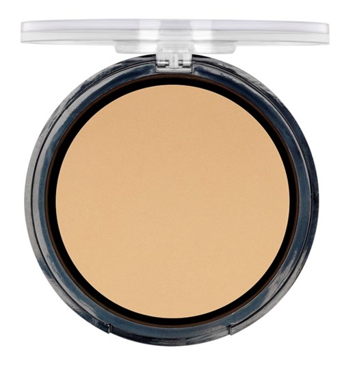 Ein runder compact mit beigem Puder und transparenter Klappe.