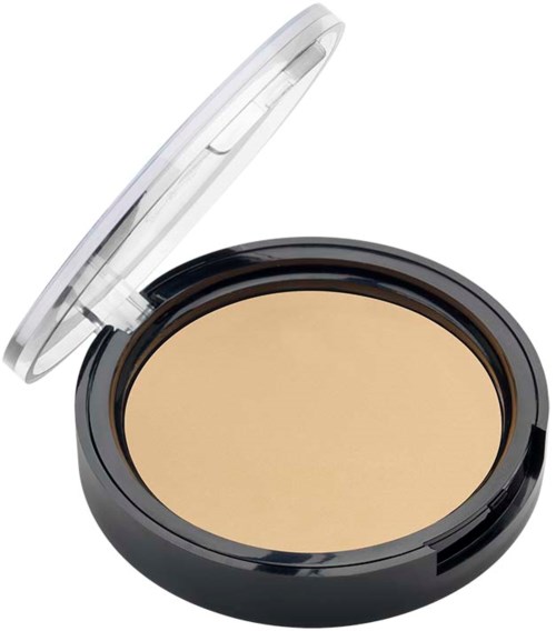 Ein Compact mit beigem Puder im Inneren, offenem Deckel, schwarzer runder Form und transparentem Oberteil.
