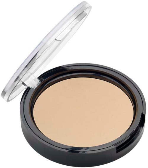 A compact with beige pressed powder, black case, and clear lid. It appears to be makeup or face powder.