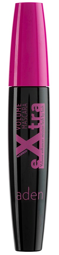 En svart och rosa mascara-rör med märket 'aden' och 'Volume Xtra' skrivet på.