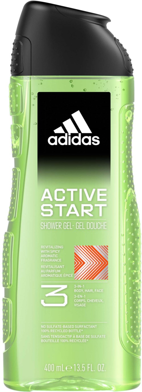 En grön och svart flaska med Adidas Active Start duschgel, med lock och produktinformation på etiketten.