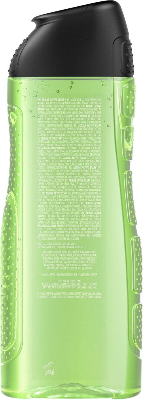En grön, genomskinlig vattenflaska med svart lock, med text och några designdetaljer på ytan.