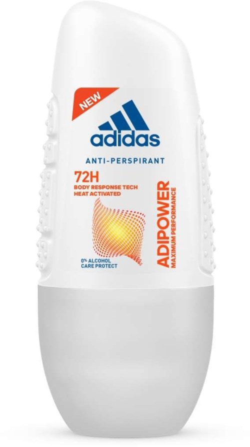 En vit Adidas-antiperspirant deodorant-rollonflaska med blå, röd och orange text och logga.