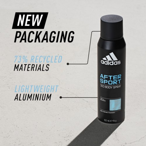 Tekst om Adidas efter-sport deodorant spray, med fokus på ny emballage, genbrugsmaterialer og let aluminium.