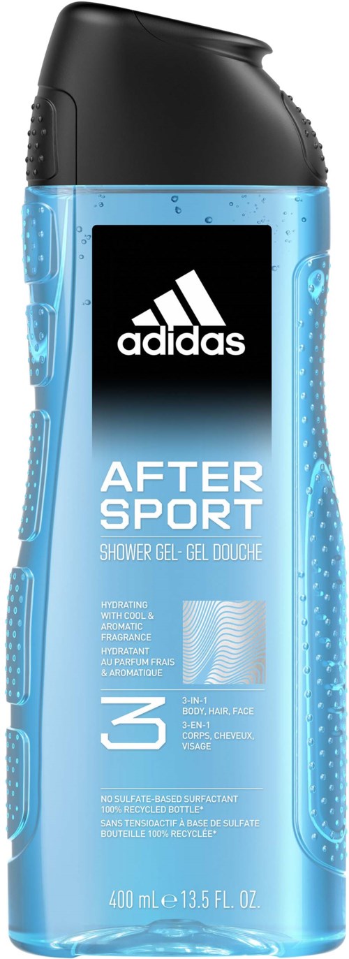 En blå duschgelflaska med svart lock och Adidas-logga, märkt 'AFTER SPORT' för användning efter träning.