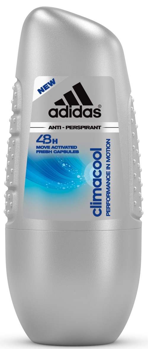 Srebrny kulkowy dezodorant Adidas z logo i niebiesko-białą etykietą, obiecuje 48-godzinową ochronę przed zapachem.