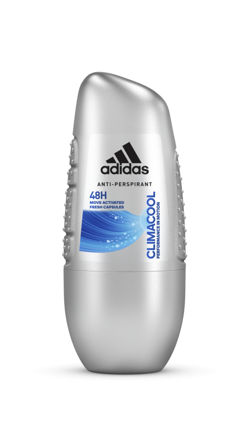Srebrny roll-on dezodorant z logo Adidas i niebieską etykietą, zapewnia 48 godzin ochrony przed zapachem.