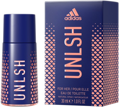 En blå parfabeholder og æske med pink tekst, der siger 'UNLASH' og Adidas logo.