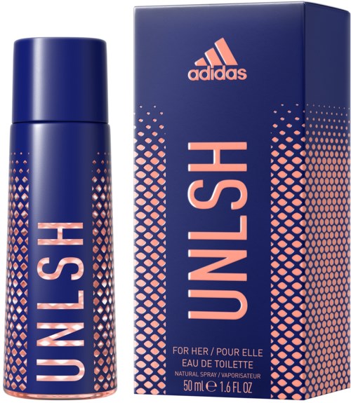 En blå Adidas-flaska och låda märkt 'UNSHA' med rosa prickar och text för kvinnor, parfym eller kroppsspray.