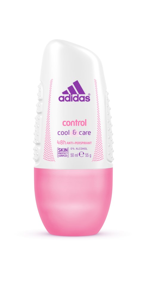 En rosa og hvit Adidas deostick med lilla logo, merket 'control cool & care' for 48 timers beskyttelse.