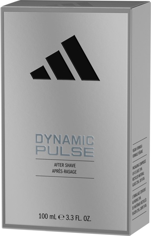Ein silberner Karton mit Adidas-Logo und Text Dynamic Pulse After Shave.