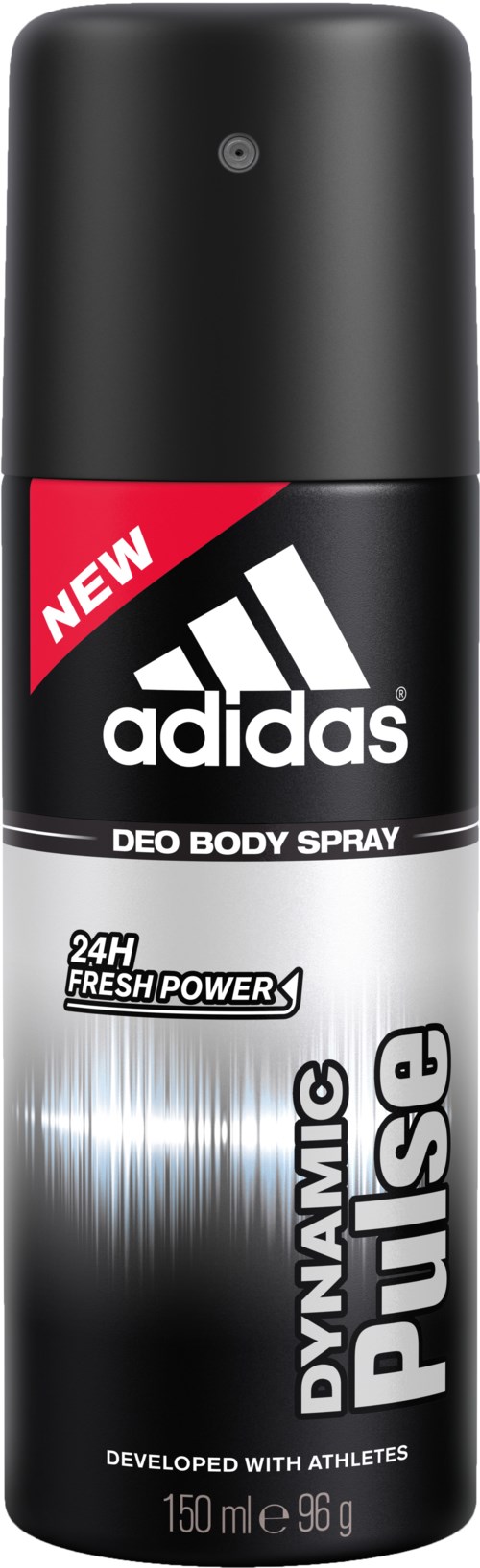 Zwarte en witte spraybus met Adidas-logo, gemarkeerd als deodorant lichaamspray, houdt 24 uur.