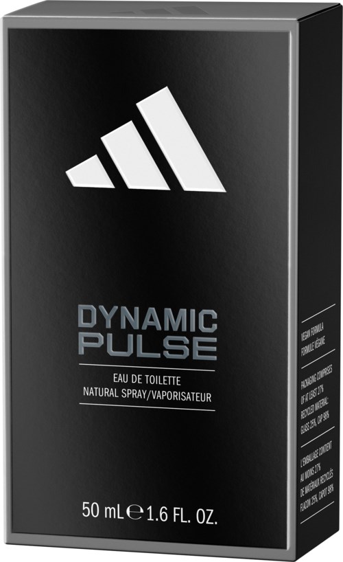 Svart parfymförpackning med vit logga och silvertext för Adidas Dynamic Pulse och 50 ml kapacitet.