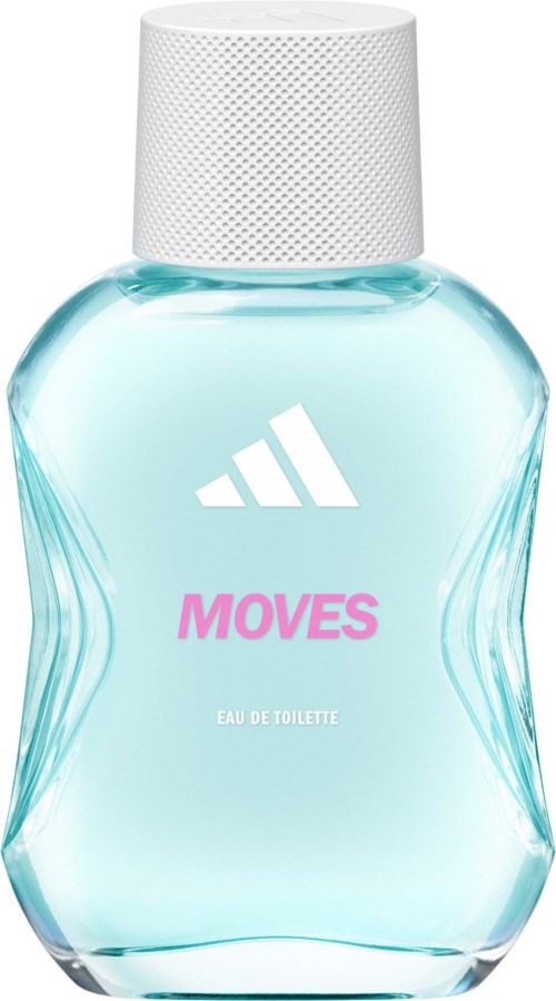 Light blue perfume bottle with a white cap, displaying the Adidas logo and the word Moves, eau de toilette.