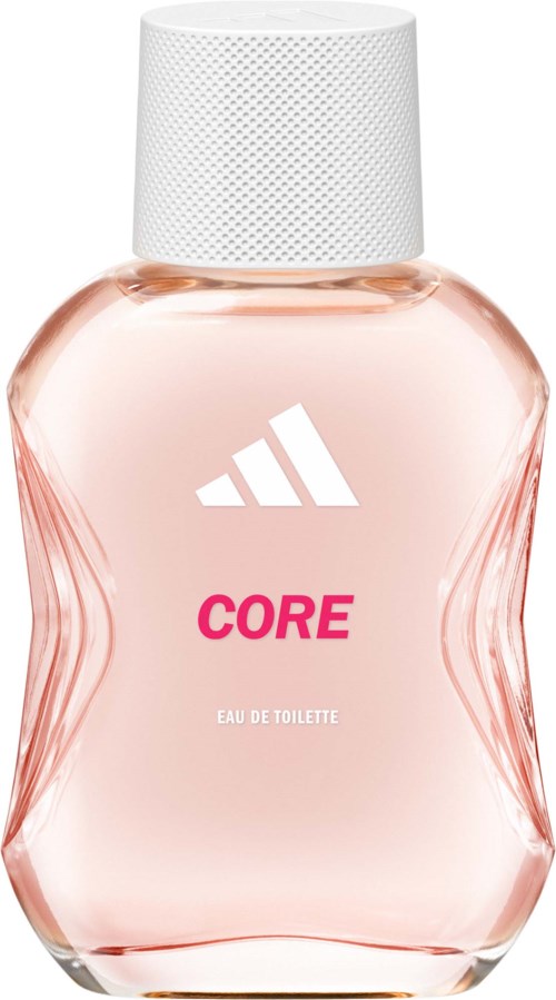 En rosa parfymflaske med hvid hætte, viser Adidas logo og teksten CORE EAUX DE TOILETTE.
