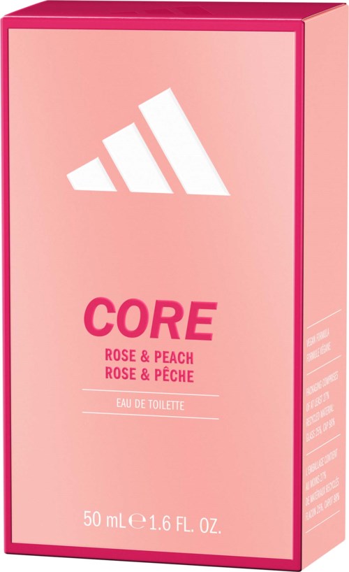 Lyserød kasse med Adidas Core Rose and Peach Eau de Toilette med hvid logo og tekst.