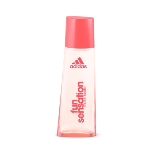 En flaska Adidas Fun Sensation kroppslotion, mest rosa och vit med ett rosa lock.