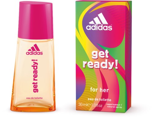En parfobbeholder med pink låg og en farverig æske med teksten "Get Ready! For Her".