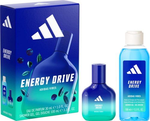 Zestaw perfum Adidas Energy Drive z niebieską butelką, żelem pod prysznic i opakowaniem z logo Adidas i nazwą produktu.