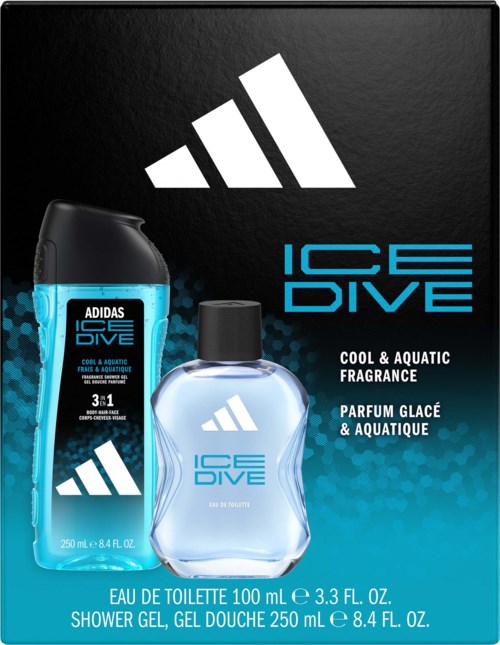 Żel pod prysznic i woda toaletowa Adidas Ice Dive w niebieskich butelkach na czarnym tle, informacje o marce i produkcie.