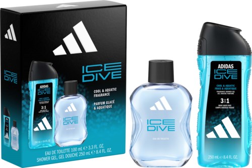 Zestaw Adidas Ice Dive z perfumem 100 ml, żelem pod prysznic 250 ml i sprayem dezodorantu 250 ml w niebieskich butelkach.