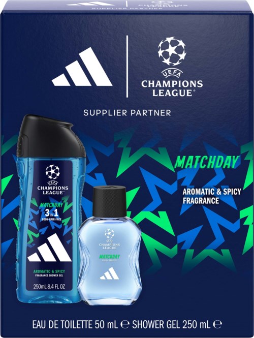 Zestaw prezentowy UEFA Champions League NFL zawierający żel pod prysznic i perfumy, w niebiesko czarnej opakowaniu z logo.
