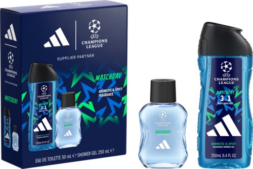 Zestaw żelu pod prysznic i dezodorantu w tematyce Ligi Mistrzów z logo Adidas i niebiesko-zielonym wzorem.