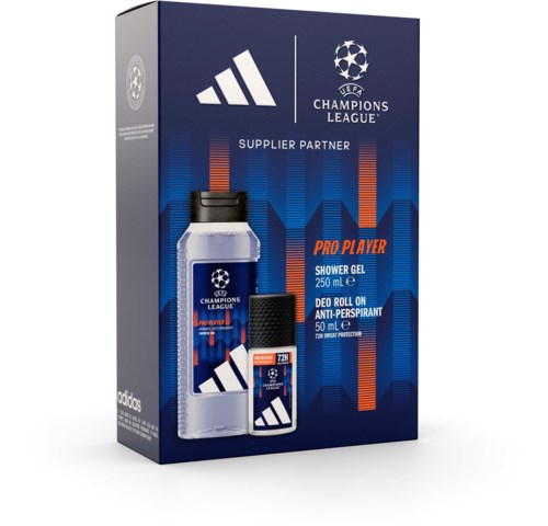 Zestaw żelu pod prysznic i dezodorantu roll-on Adidas Champions League Pro Player z logo Ligi Mistrzów UEFA na opakowaniu.