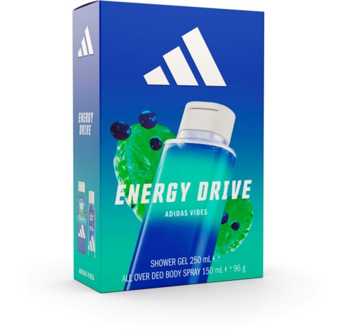 Niebieska butelka żelu pod prysznic z białą nakrętką i zielonymi owocami, tekst Energy Drive Adidas Vibes, 250 ml.
