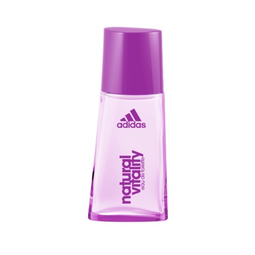 En rosa och lila deodorantflaska med Adidas och Natural Vitality märken.
