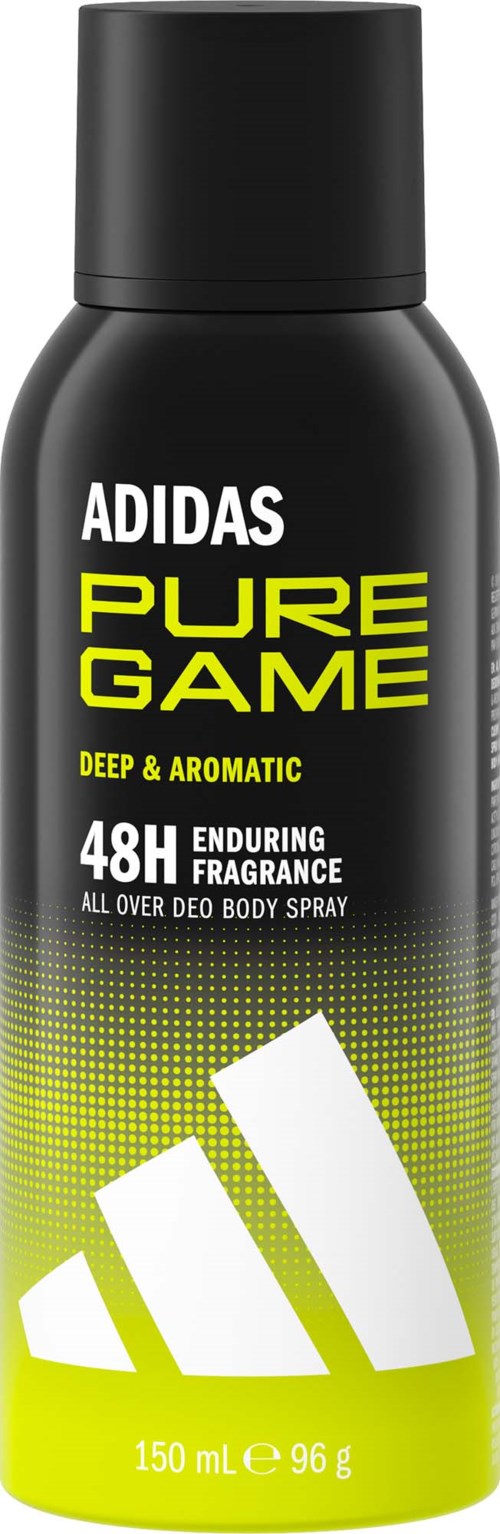 En svart sprayflaska med Adidas Pure Game Deo med gul, grön och vit design och logotyp.