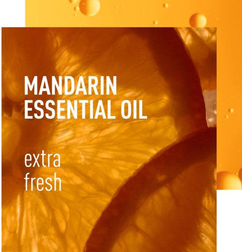 A label for mandarin essential oil, with an image of sliced mandarin oranges and bubbles.