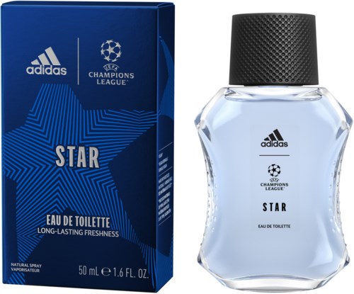 A bottle of Adidas Star Eau de Toilette perfume and its blue box with Champions League and Adidas logos.