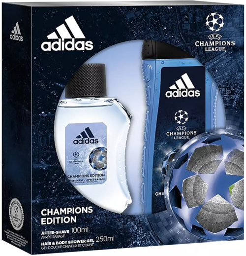 En produktkartong med Adidas-logotyper, UEFA Champions League-logotyp, och produkter som after-shave, schampo och en fotboll.