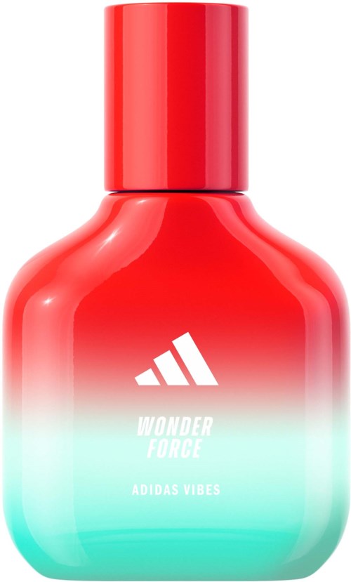 Flaske med rød og lyseblå gradient med Adidas logo og tekst Wonder Force Adidas Vibes.