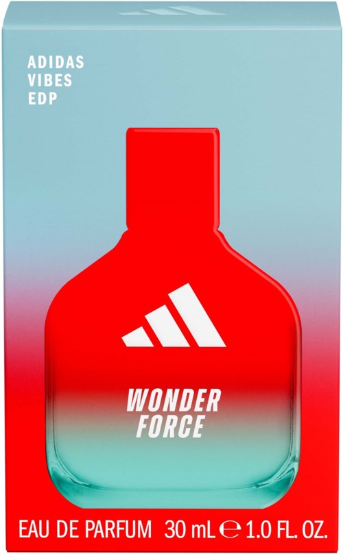 Rød og teal Adidas Wonder Force parfume flaske med hvid logo og tekst på emballagen.