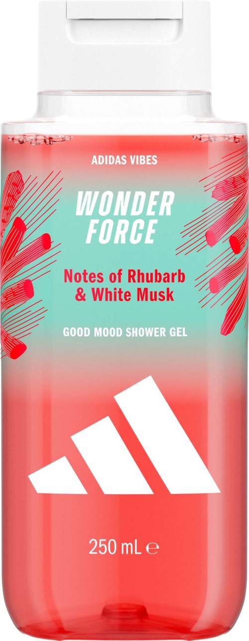 En rosa och vit duschgelflaska med Adidas-logga och varumärke för Wonder Force Notes of Rhubarb och White Musk.
