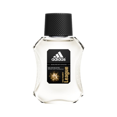 En tydlig parfymflaska med svart lock, märkt Adidas Victor League, utvecklad för idrottare.