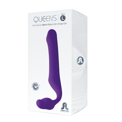A white box with purple object shaped like a bendable, semi-realistic strap-on, labeled Queen's, size large, from Julien Lastic.