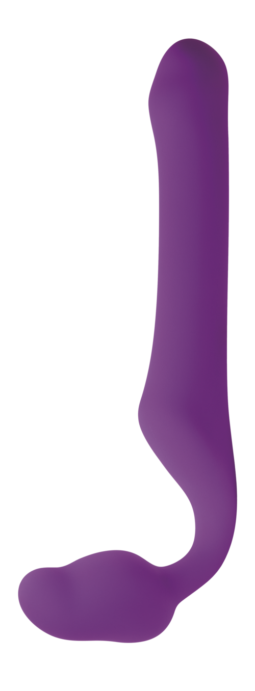 Ett lila, böjt föremål med rundade ändar, ser ut att vara slätt och ergonomiskt, troligen en massage- eller vibratorsak.