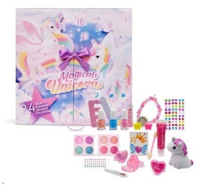 Ett unicorn-tema skönhets- eller hobbyset med leksaker, smink, pärlor och tillbehör för barn.