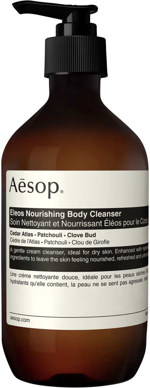 En brun flaske med Aesop Eleos Nourishing Body Cleanser, sort pumpe og hvid etiket.