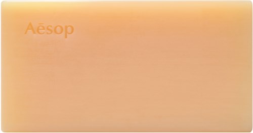 En logo med ordet "Aesop" i orange på en lys baggrund.