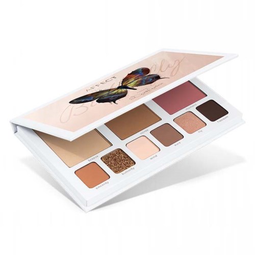 A makeup palette with various shades of eyeshadow and highlighter, featuring a butterfly illustration on the lid.