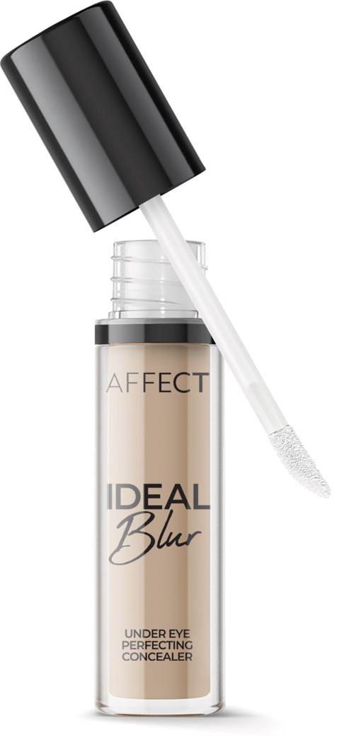A bottle of concealer with a white applicator brush and black lid, labeled 'IDEAL Blur' for under-eye coverage.