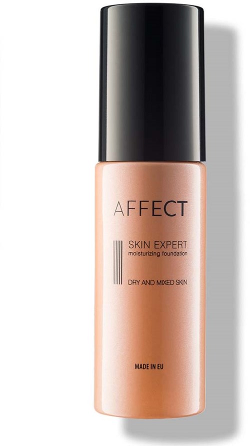 A bottle of foundation for dry and mixed skin from the brand Effect, labeled as moisturizing and made in the EU.