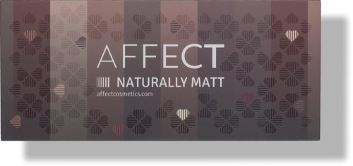Pudełko z napisem 'Affect' i 'Naturally Matt', ozdobione wzorami kropek i serc.